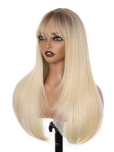 Cool Platinum Blonde Glueless Wig with Bangs | 26 Inch Long Straight