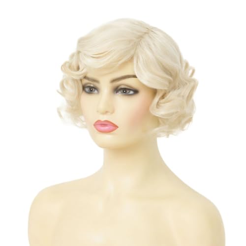 Dai Cloud Short Blonde Finger Wave Wig for Women - 1920s Curly Synthetic Heat-Resistant, Side Part, Rose Mesh Cap