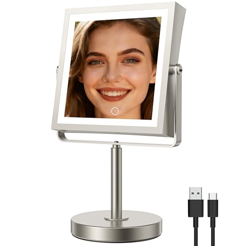 JIONIESIM Series 1X/10X Makeup Mirror with Lights, Double Sides Lighted Magnifying Mirror with 3 Colors, Height & Brightness Adjustable, Rechargeable 4000mAh Vanity Mirror (Brushed Nickel)