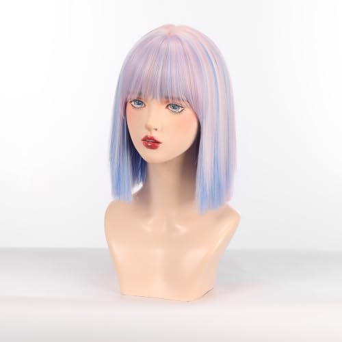 Rainbow Short Bob Wig with Bangs - Heat-Resistant Synthetic Hair for Women, 12 Inch for Daily, Party, Halloween Costume