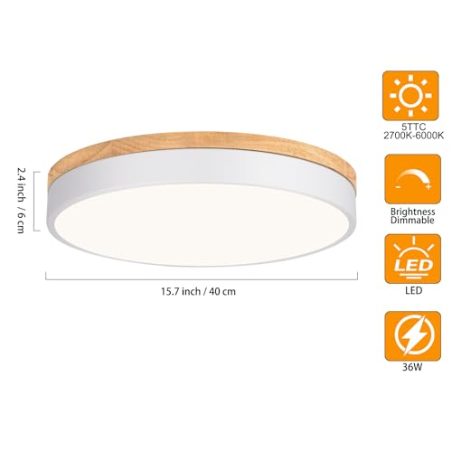 Yiisem Dimmable 15.8-inch Wooden LED Ceiling Light - White, Modern Flush Mount with Adjustable Brightness & 5 Color Temperatures