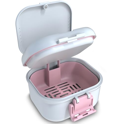 Denture Storage Case with Strainer - Leak Proof Portable Soaking Box, White & Pink