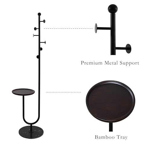 Freestanding Coat Rack with Marble Base and Bamboo Tray - Black