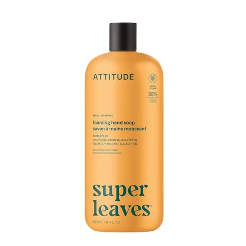 ATTITUDE Foaming Hand Soap Refill, EWG Verified, Natural & Plant-Based Hand Wash, Gentle & Moisturizing, Vegan, Orange Blossom & Eucalyptus? Scent, 30 Fl Oz