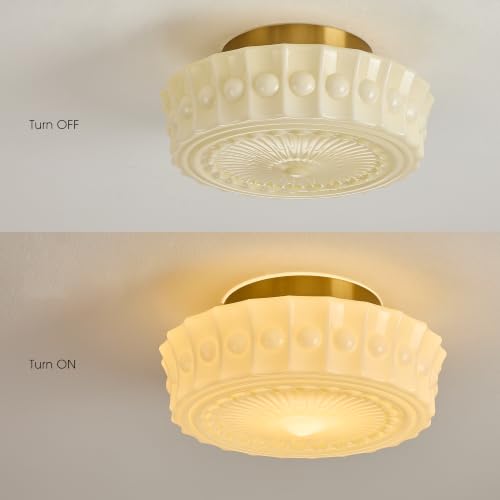 Vintage Milk Glass Flush Mount Ceiling Light Cream Yellow Shade with Brass Base