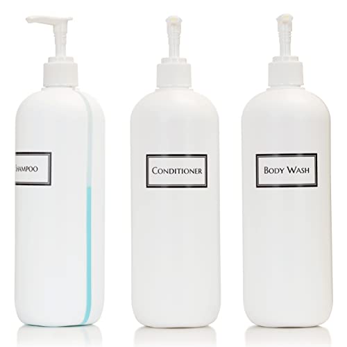 Refillable 19oz Body Wash Shampoo & Conditioner Pump Dispenser Bottles Set with View Stripe - Artanis Home, White Pumps