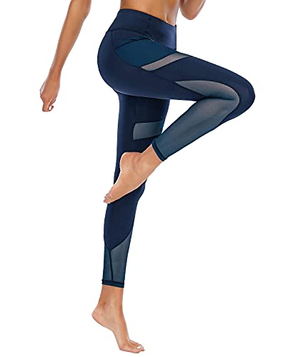 Women's High Waist Yoga Pants with Side Pockets & Mesh Insert - Small Navy Blue