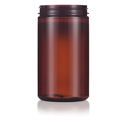 JUVITUS 32 oz Large Amber PET Plastic (BPA Free) Refillable Empty Jar with Black Smooth Foam Lined Lid (6 pack)