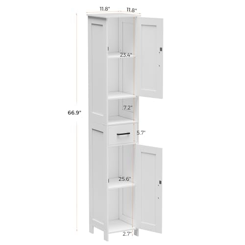 Homhedy 67-Inch Tall Bathroom Storage Cabinet - White, Reversible Doors & Adjustable Shelves