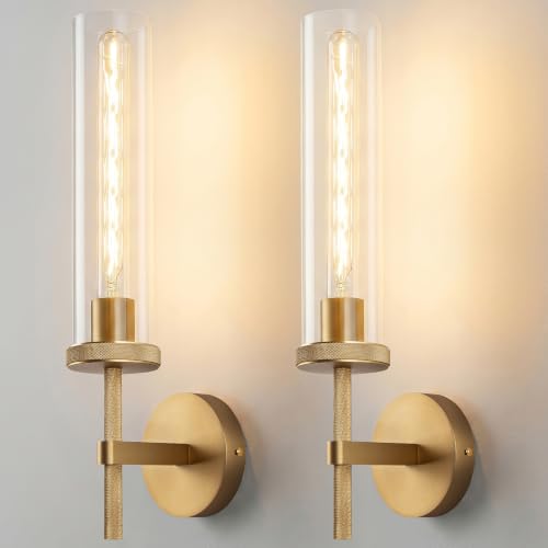 19.5-Inch Gold Knurled Wall Sconces Set of 2 with Clear Glass Tubes - Modern Bathroom Vanity & Living Room Lighting