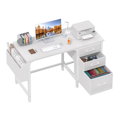 46.6-Inch White Reversible Computer Desk with File Cabinet for Home Office