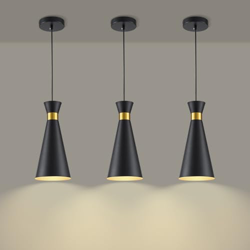 3-Pack Modern Black and Gold Pendant Lights for Kitchen Island - 13"H, Adjustable