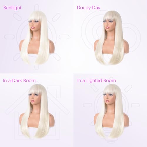 Long Straight Platinum Blonde Wig with Bangs - 24 Inch Heat-Resistant Synthetic Hair - Cosplay & Daily Wear - Variation: Straight / Platinum Blonde