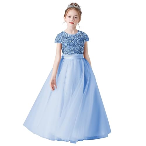 Baby Blue Flower Girl Dress with Sequins Tulle Puffy Skirt - Floor Length Wedding & Party Gown