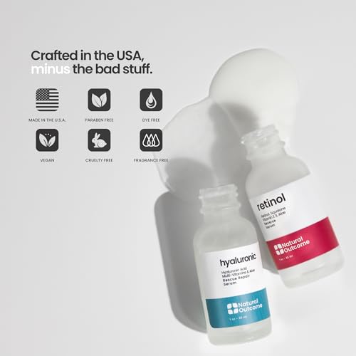 Natural Outcome Hyaluronic Acid, Vitamin C & Retinol Serum Set – Day & Night Anti-Aging (1 oz each), Vegan & Fragrance Free