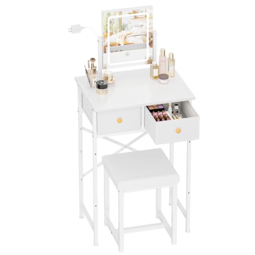 White Small Makeup Vanity Table with Mirror and Light - Space-Saving Compact Desk with Drawers & Chair
