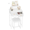 White Small Makeup Vanity Table with Mirror and Light - Space-Saving Compact Desk with Drawers & Chair