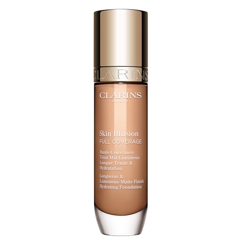 Clarins Skin Illusion Longwear Full Coverage Foundation|Luminous Matte Finish|24H Hold and 24H Hydration|Natural Looking|Transfer, Sweat and Smudge Proof| Contains Hyaluronic Acid|1 Fl Oz