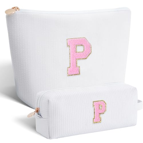 White Makeup Bag and Cosmetic Pouch Set - Personalized Initials Gift for Teen Girls Women