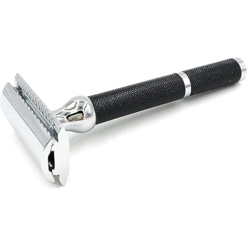 Parker 71R Medium Weight Long Handle Double Edge Safety Razor with 5 Parker Platinum Stainless Steel Razor Blades - Black Electroplated Brass Handle