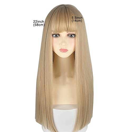 White Gold 23-Inch Straight Synthetic Wig for Women with Bangs - Cosplay & Party Hair