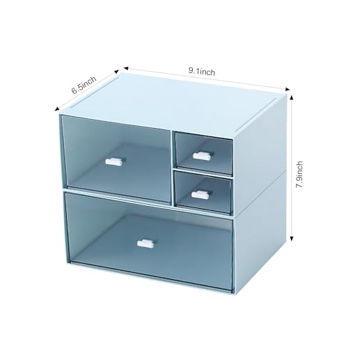 Blue 4-Drawer Makeup & Desk Organizer, Plastic Storage Box for Vanity & Office