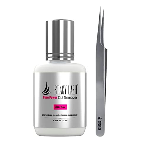 Pure Gel Remover 15ml & Stacy Lash STL-3 Isolation F-Shaped Tweezers/GBL Free/Fast Lash Adhesive Dissolution time - 60 Sec/Precision Stainless Steel Tool/Straight Tips/Professional Supplies