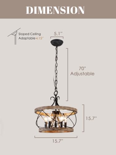 Dawn Whisper Gray Farmhouse Chandelier 15.7" Rustic Wood Drum Light Fixture for Dining Room