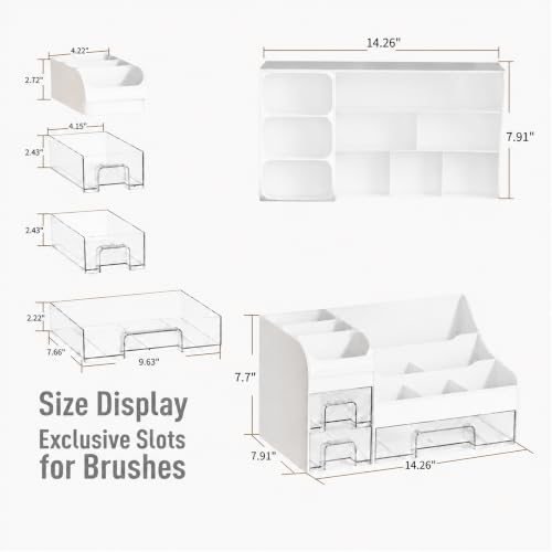 Mriluvy Extra Large White Clear Makeup Organizer with 3 Drawers & Brush Holder