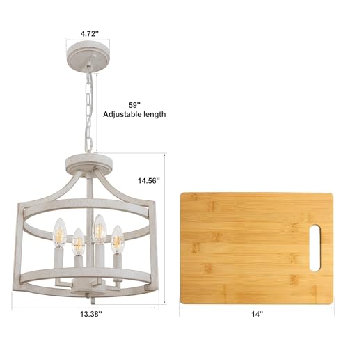 4-Light Farmhouse Chandelier - Distressed White Ceiling Light Fixture with Adjustable Height