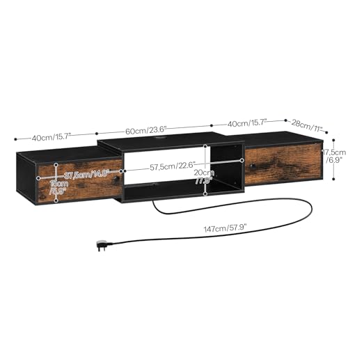 Floating TV Stand with Power Outlet - Rustic Brown & Black Wall-Mounted Media Console Shelf for 32-65 Inch TVs