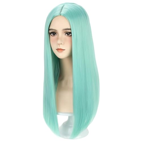 Long Straight Mint Green Wig - 22 Inch Cosplay & Daily Party Hair with Hairnet
