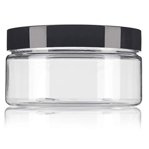JUVITUS 8 oz Clear Plastic Low Profile Jar with Black Smooth Lids (12 Pack)