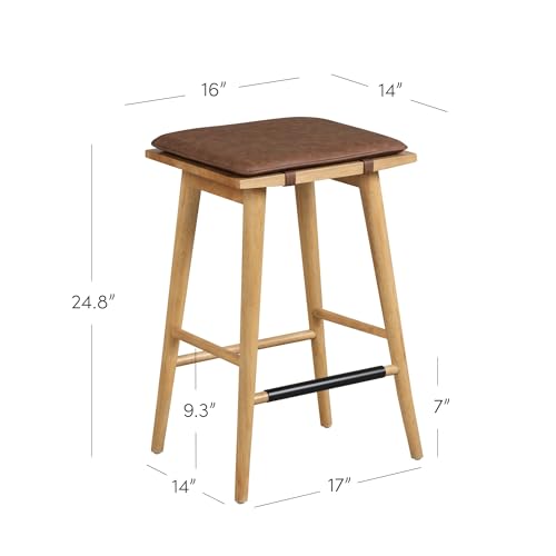 Light Brown Counter Height Wood Bar Stool with Leather Removable Cushion - 24 Inch