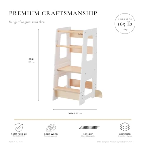 White Wooden Toddler Kitchen Helper Tower with 3 Adjustable Heights & Safety Rails