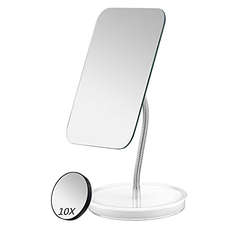 Desk Makeup Mirror with Detachable 10x Magnification,360¡Æ Rotation Flexible Gooseneck Mirror with Stand,Tabletop Cosmetic Mirror,Good for Shower Shaving Traveling-Rectangle