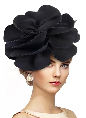 Black Large Flower Fascinator Headband for Weddings & Events - Elegant Tea Party Hat