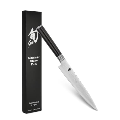Shun Classic 6-Inch Utility Knife - Black Handle, VG-MAX, Damascus 68-Layer