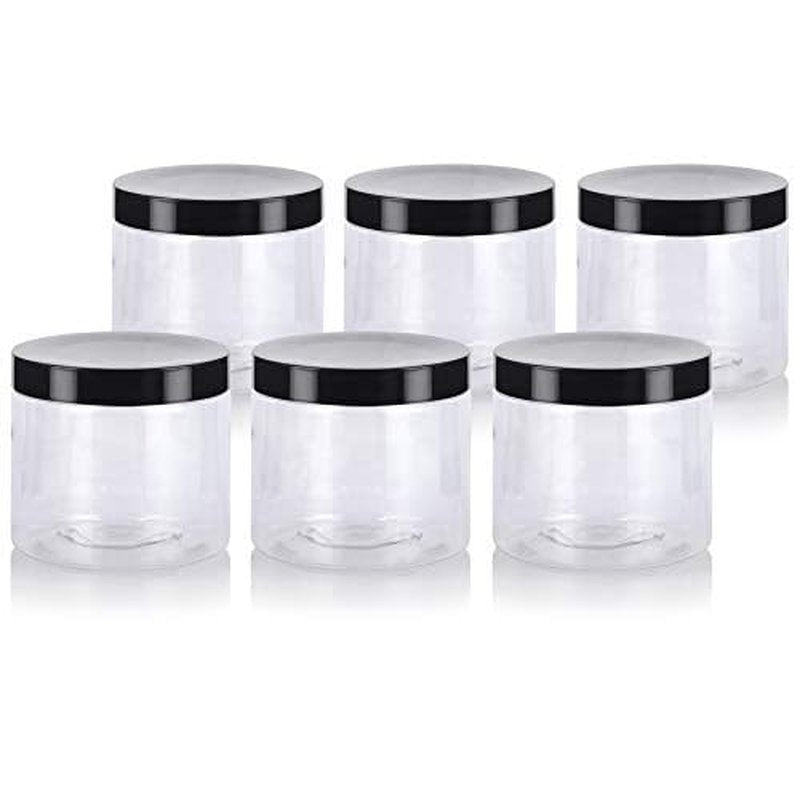 16 oz Clear PET Plastic (BPA Free) Large Refillable Jar with Black Smooth Lids (6 pack)