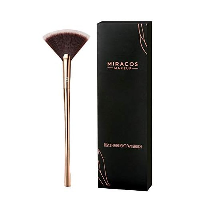 Fan Makeup Brush For Highlighter, Blush, Flutty&Powder Cosmetic Tool w/Long Handle& Anti-Champagne Gold Brush