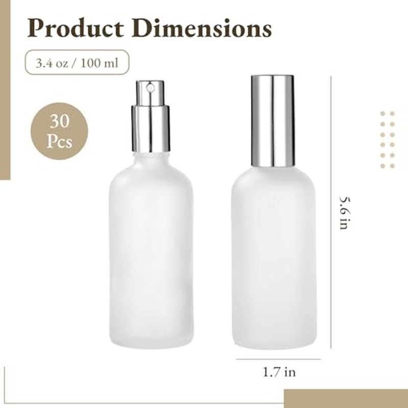30 Pcs Frosted Glass Spray Bottles, 3.4 oz / 100 ml Refillable Perfume Atomizer, Fine Mist Empty Spray Bottle, Leak-Proof Reusable Containers for Travel, Essential Oils & Liquid Dispensing (Silver)
