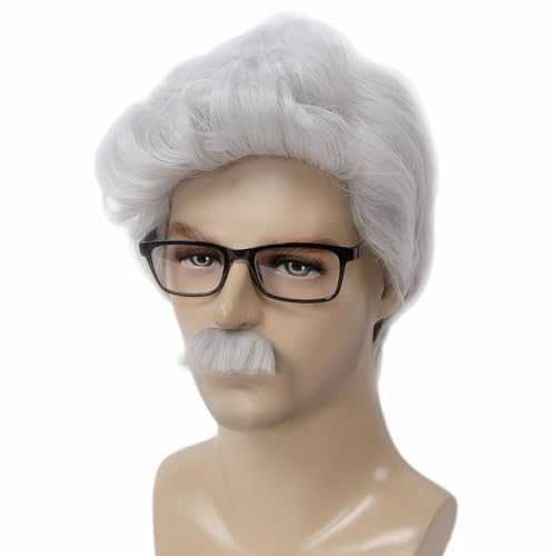 STfantasy Grey White Short Men's Wig with Sunglasses & Beard for Old Man Costume Halloween Cosplay 12 Inch