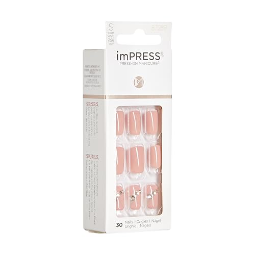KISS Impress Press-On Manicure Fake Nails, Crystal Blossom - Short Length, Squoval Shape, Polish-Free Pink with Rhinestone Design Mani, Includes Prep Pad, Mini File, Manicure Stick, and 30 Fake Nails