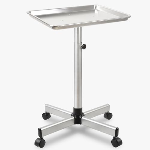 Salon Tray on Wheels, Hair Color Tray Salon Service Rolling Cart with Adjustable Height, Metal Tattoo Trolley Tray for Spa&Home Use, Silver