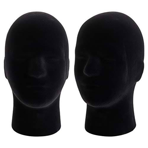 Hedume 2 Pack Mannequin Head Stands Foam Black Velvet Male Display Models for Wig Hat Glasses
