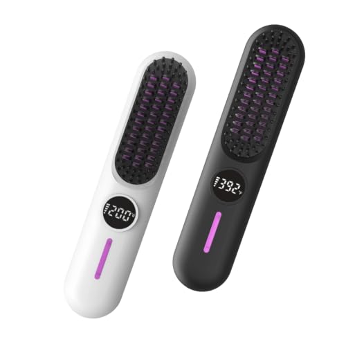 Cordless White Hair Straightener Brush with LCD & 7 Heat Settings – Travel & Daily Styling