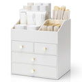 VLANDO Makeup Organizer Countertop,Large Vanity Organizer PU Leather Make up Storage with 4 Drawers Skin care Organizer Cosmetic Display Case for Lipstick,Brushes,Bedroom-White