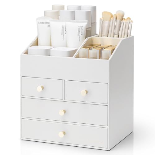 VLANDO Makeup Organizer Countertop,Large Vanity Organizer PU Leather Make up Storage with 4 Drawers Skin care Organizer Cosmetic Display Case for Lipstick,Brushes,Bedroom-White