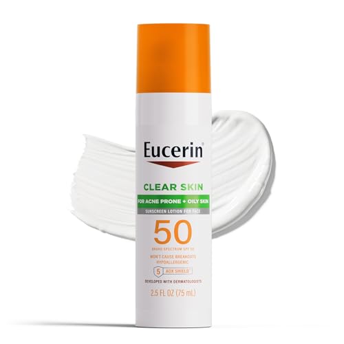Eucerin Sun Clear Skin Face Sunscreen Lotion SPF 50 for Acne Prone and Oily Skin, Lightweight Sunscreen with Oil-Absorbing Minerals, Won't Cause Breakouts, Hypoallergenic, 2.5 Fl Oz Bottle