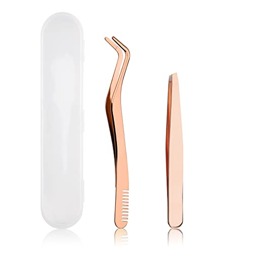 Lash Applicator Tool 2 Pcs Lash Tweezers Stainless Steel Curved With Eyebrow Tweezers For Women DIY Eyelash Extensions Applicator Set for False Eyelash By FADVAN (Gold)